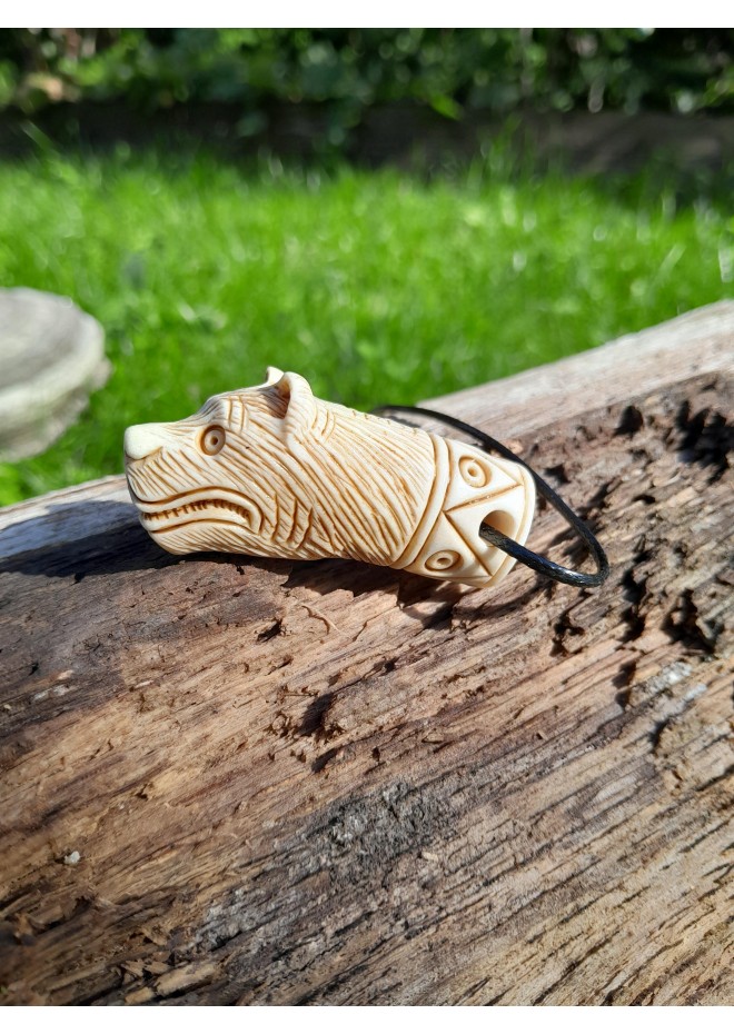Hand-carved Viking bear amulet with Algiz rune