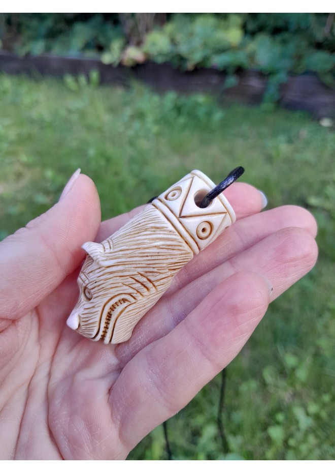 Hand-carved Viking bear amulet with Algiz rune