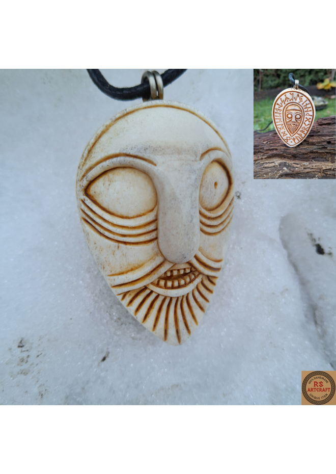 Handcrafted moose antler amulet featuring Odin and runes