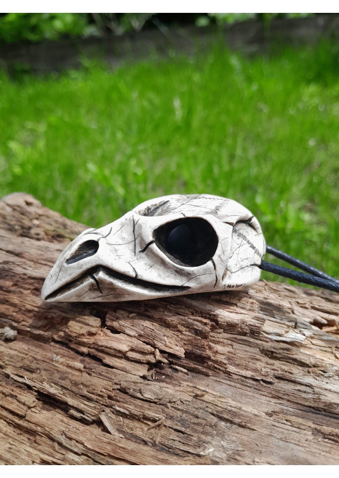 Hand-carved moose antler Viking raven skull amulet