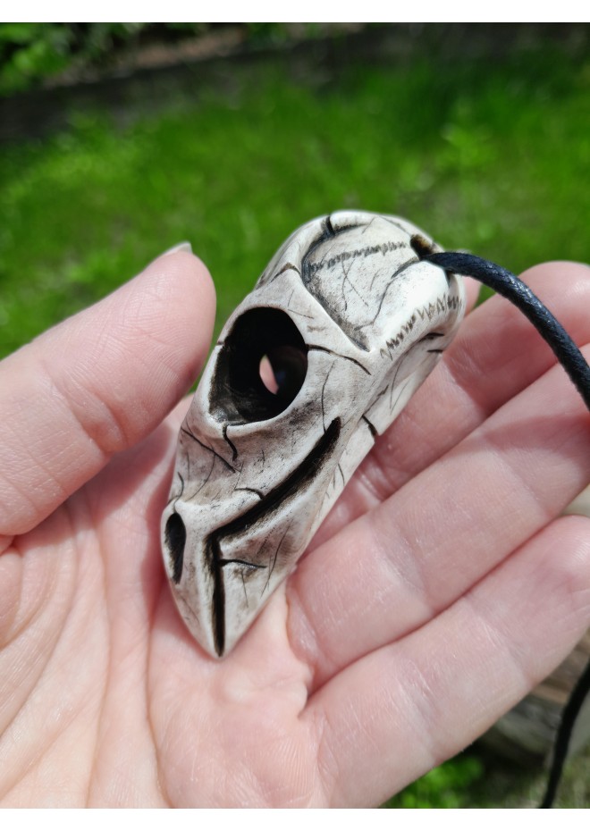 Hand-carved moose antler Viking raven skull amulet
