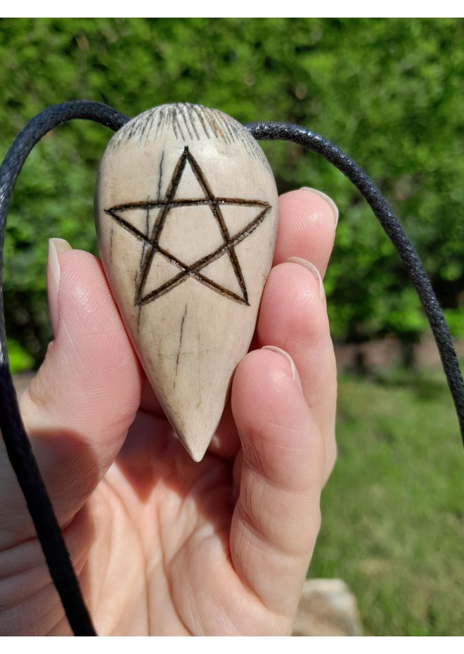Hand-carved Raven skull & pentagram moose antler amulet