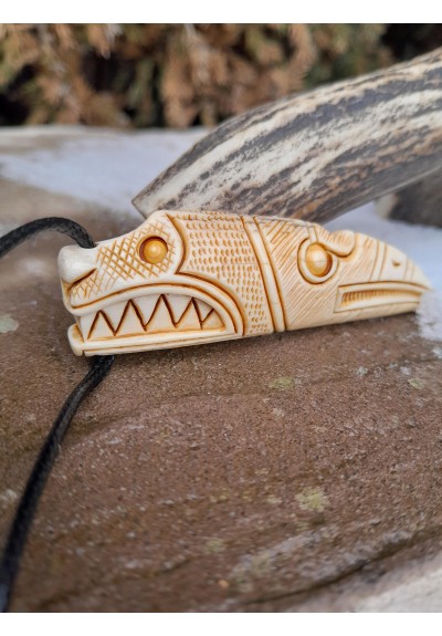 Viking Dragon & Raven pendant: Hand-carved Moose antler amulet