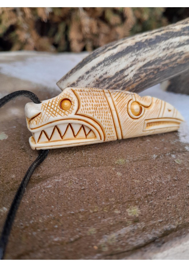 Hand-carved Viking Dragon and Raven antler pendant
