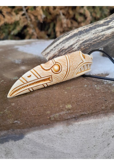 Viking Dragon & Raven pendant: Hand-carved Moose antler amulet
