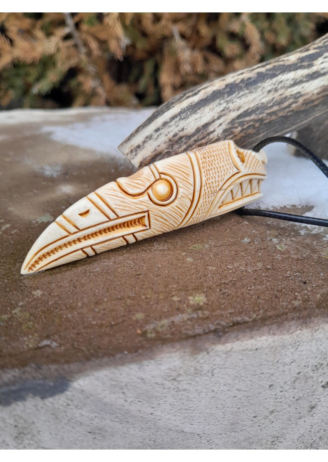 Hand-carved Viking Dragon and Raven antler pendant