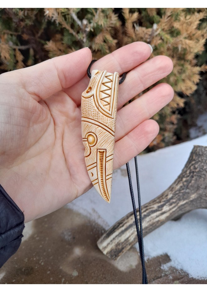 Hand-carved Viking Dragon and Raven antler pendant