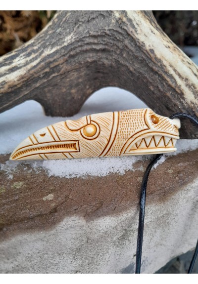 Viking Dragon & Raven pendant: Hand-carved Moose antler amulet