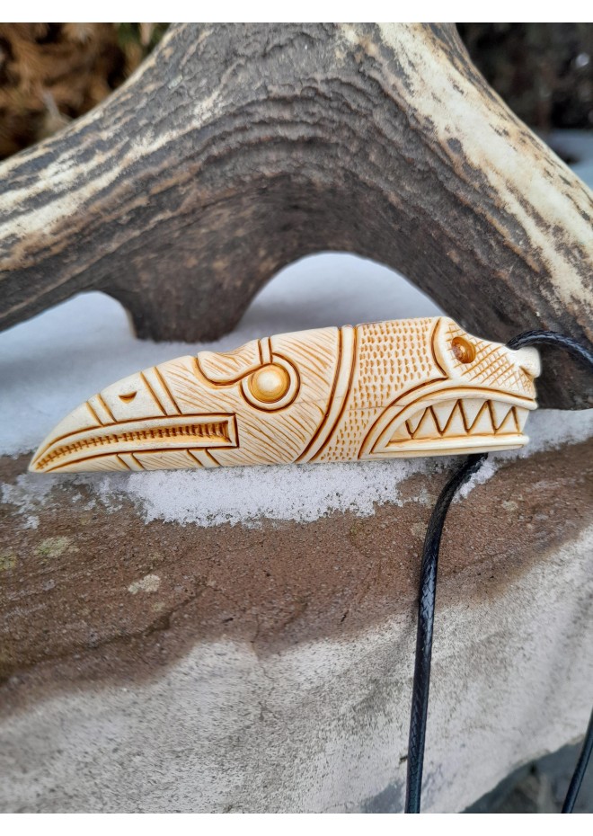 Hand-carved Viking Dragon and Raven antler pendant