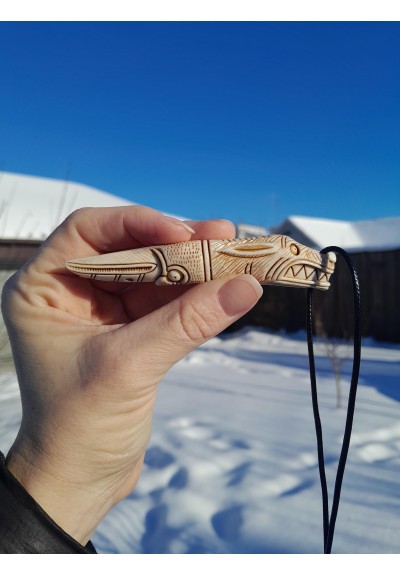 Hand-carved Norse wolf & raven amulet: moose antler