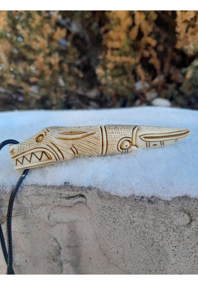 Hand-carved Norse wolf & raven amulet: moose antler