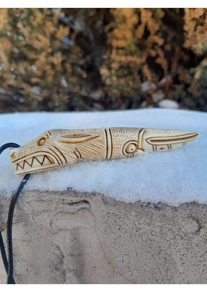 Viking wolf and raven amulet in moose antler