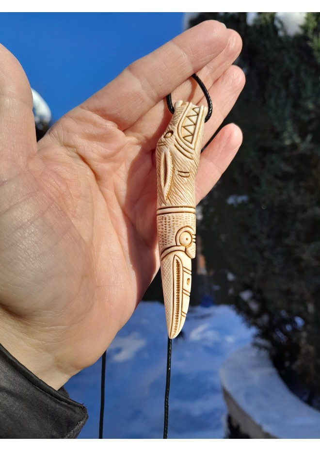 Viking wolf and raven amulet in moose antler