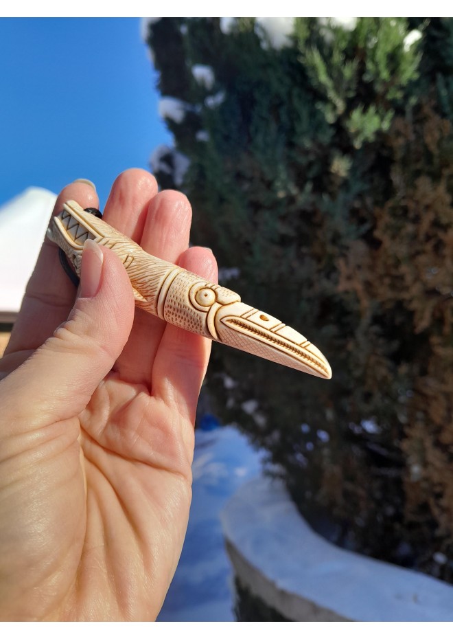 Viking wolf and raven amulet in moose antler