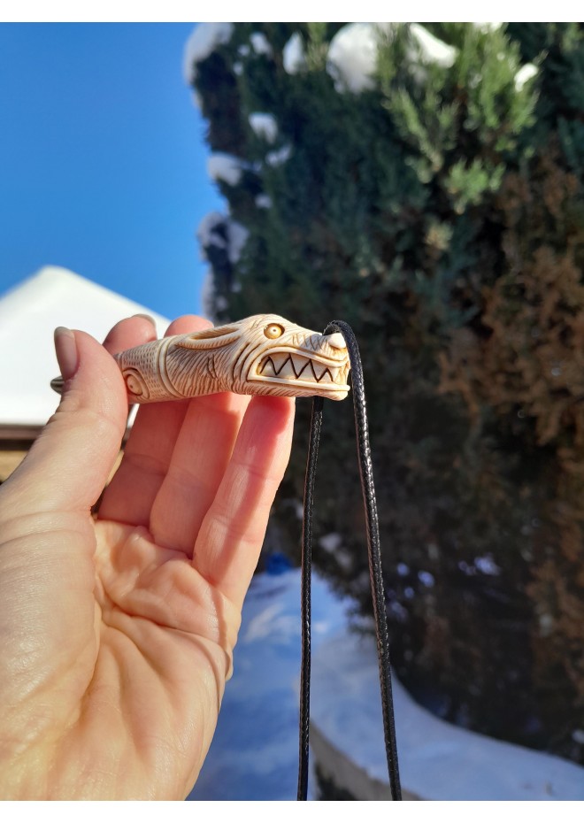Viking wolf and raven amulet in moose antler
