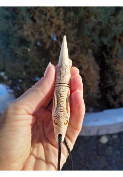 Hand-carved Norse wolf & raven amulet: moose antler