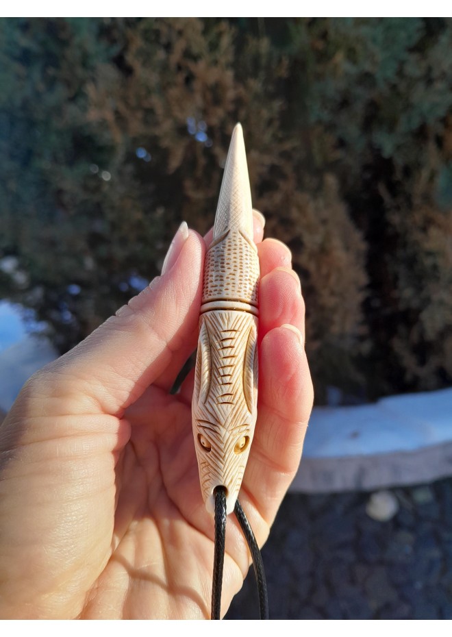 Viking wolf and raven amulet in moose antler