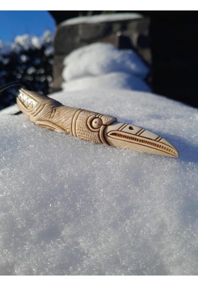Hand-carved Norse wolf & raven amulet: moose antler