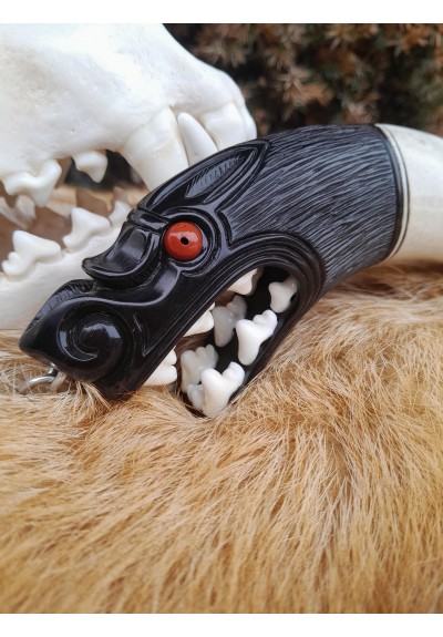 Fenrir Wolf head amulet – Hand-carved Viking pendant from buffalo horn & moose antler