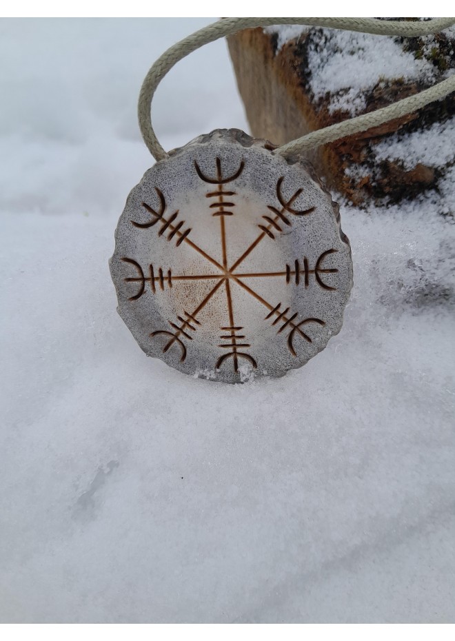 Hand-carved Helm of Awe moose antler amulet with Valknut