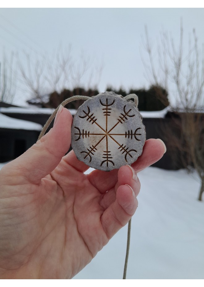 Hand-carved Helm of Awe moose antler amulet with Valknut