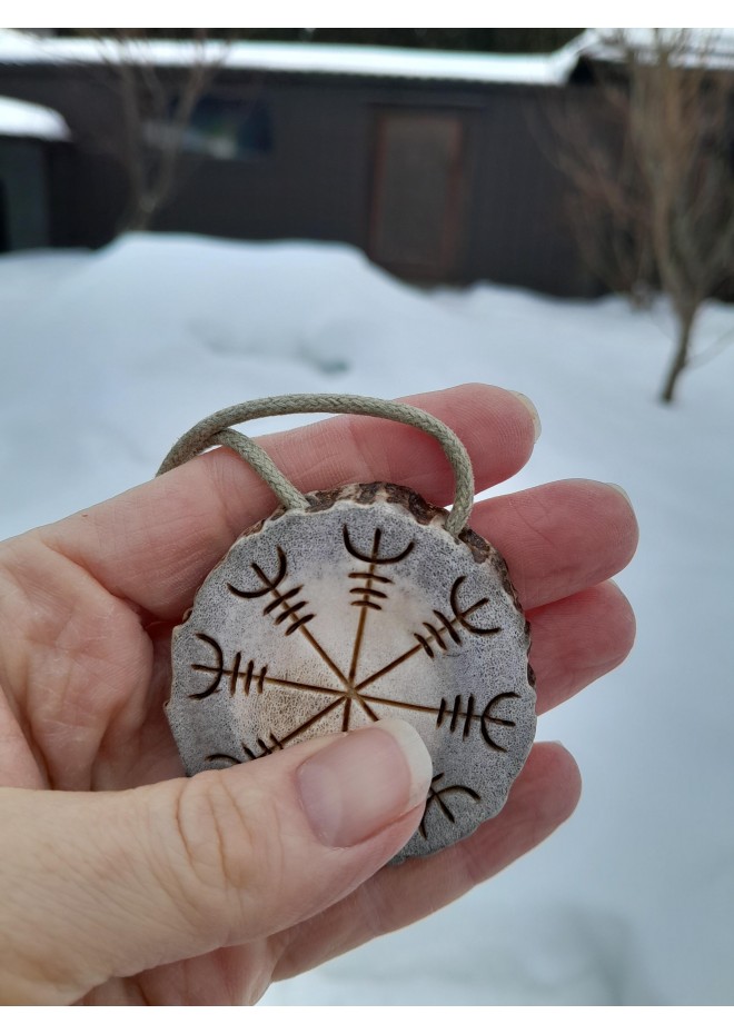 Hand-carved Helm of Awe moose antler amulet with Valknut