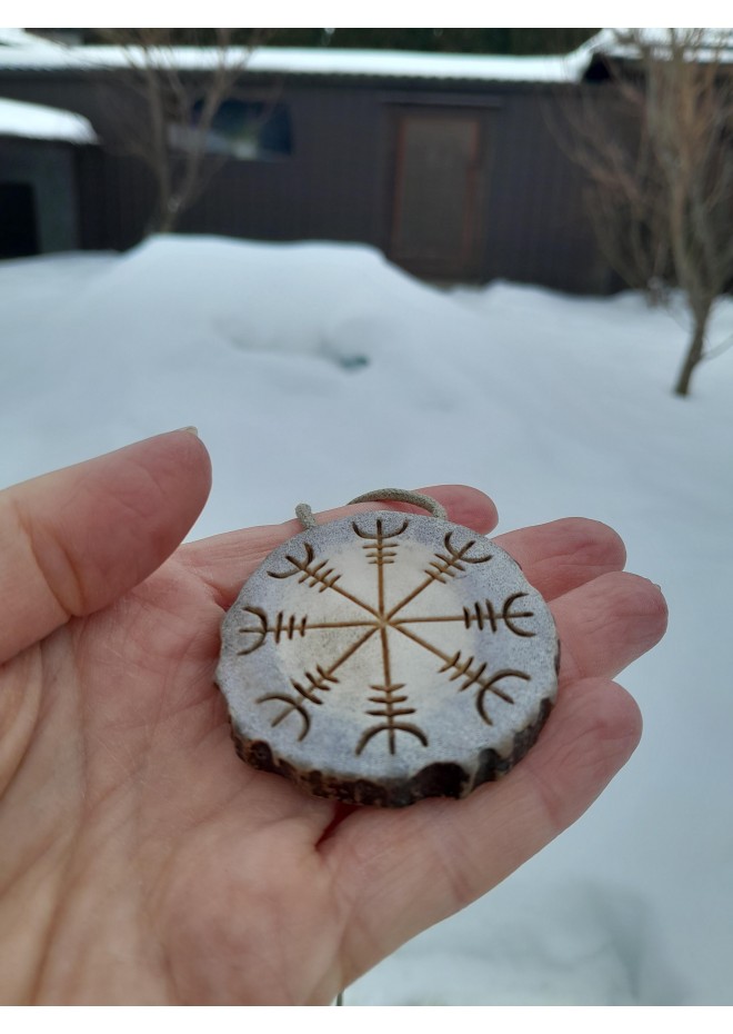 Hand-carved Helm of Awe moose antler amulet with Valknut