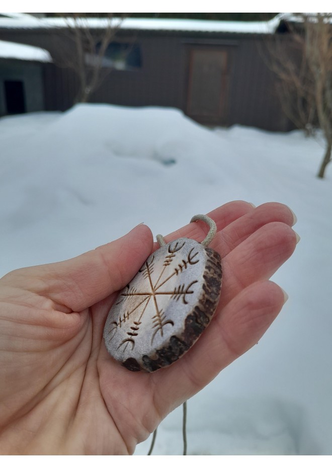Hand-carved Helm of Awe moose antler amulet with Valknut