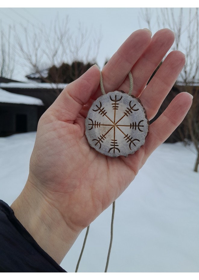 Hand-carved Helm of Awe moose antler amulet with Valknut