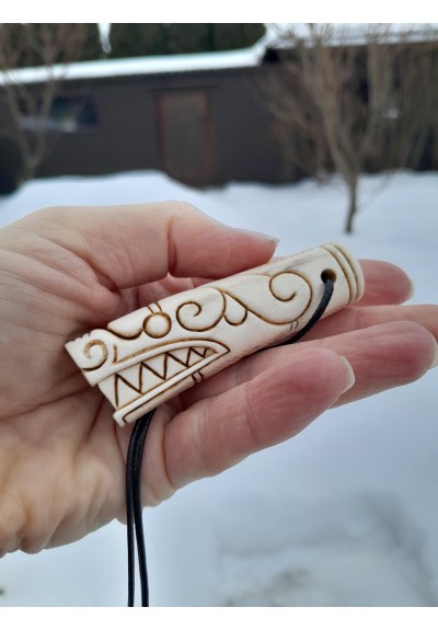 Hand-carved Viking Dragon head amulet with Algiz rune