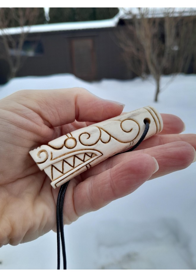 Viking Dragon head amulet from moose antler with Algiz rune