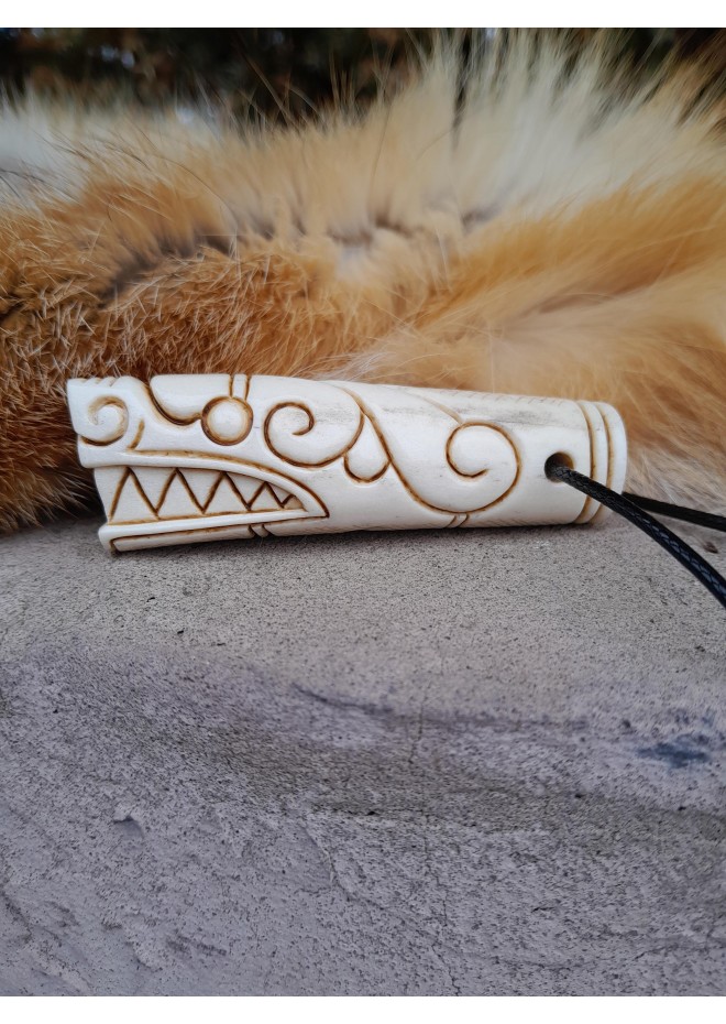 Viking Dragon head amulet from moose antler with Algiz rune