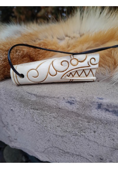 Hand-carved Viking Dragon head amulet with Algiz rune