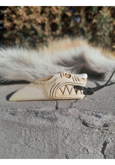 Hand-carved moose antler Wolf amulet with Tiwaz rune 