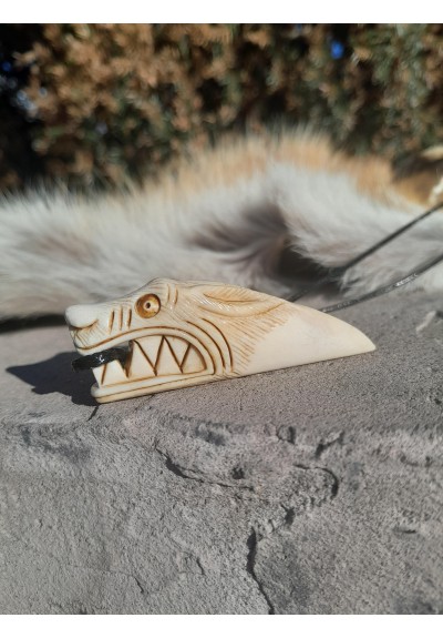 Hand-carved moose antler Wolf amulet with Tiwaz rune 