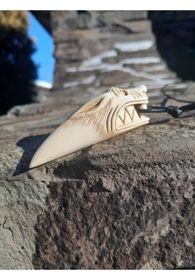 Hand-carved moose antler Wolf amulet with Tiwaz rune 