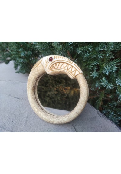Beautiful and unique hand carved mirror. Ouroboros, Viking world snake. Midgard jormungandr serpent. Norse Dragon, ancient infinity symbol