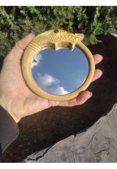 Beautiful and unique hand carved mirror. Ouroboros, Viking world snake. Midgard jormungandr serpent. Norse Dragon, ancient infinity symbol