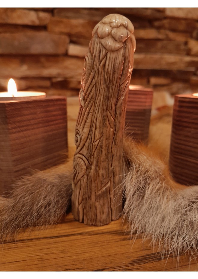 Old Norse God statue. Figurine of Odin with ravens. Óðinn sculpture. Moose antlers hand-carved