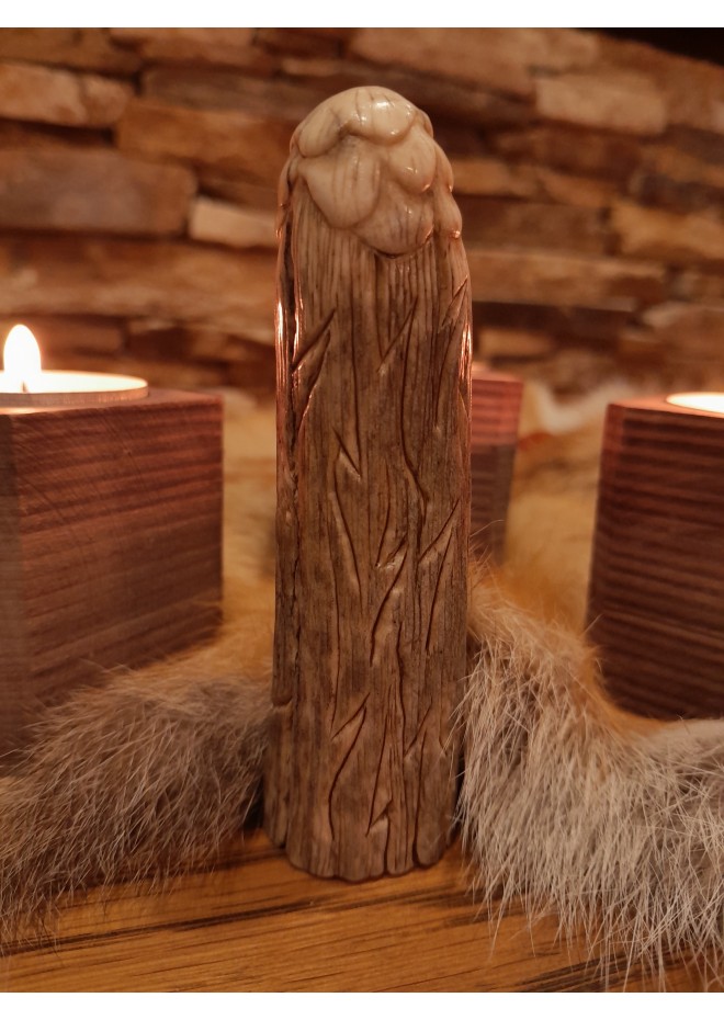 Old Norse God statue. Figurine of Odin with ravens. Óðinn sculpture. Moose antlers hand-carved