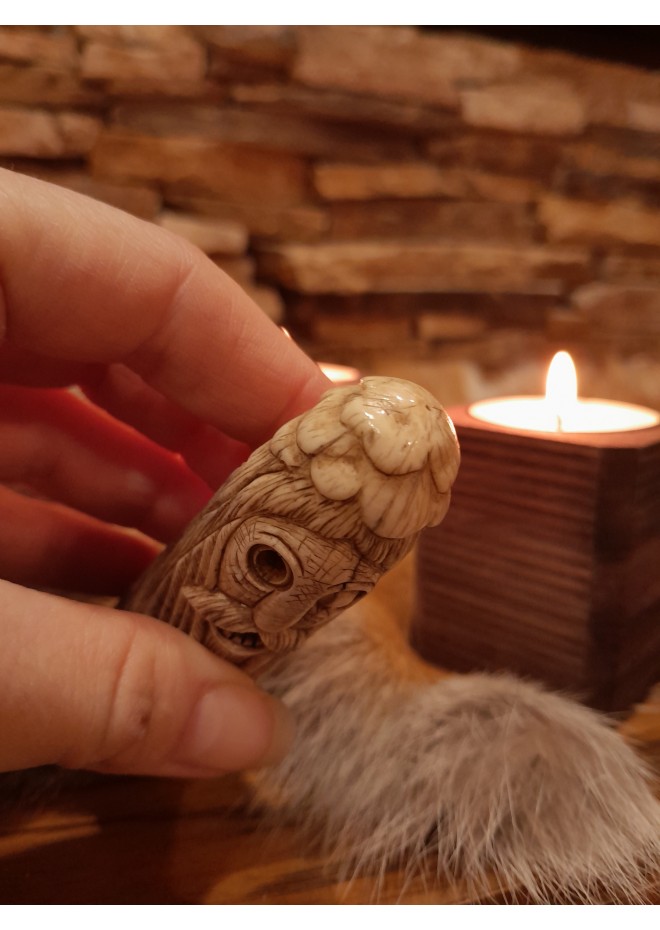 Old Norse God statue. Figurine of Odin with ravens. Óðinn sculpture. Moose antlers hand-carved