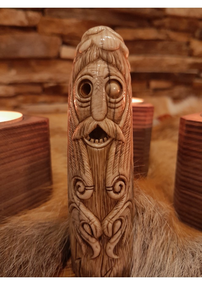 Old Norse God statue. Figurine of Odin with ravens. Óðinn sculpture. Moose antlers hand-carved