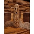 Old Norse God statue. Figurine of Odin with ravens. Óðinn sculpture. Moose antlers hand-carved