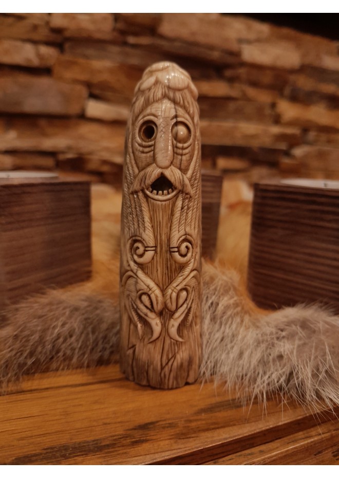 Old Norse God statue. Figurine of Odin with ravens. Óðinn sculpture. Moose antlers hand-carved
