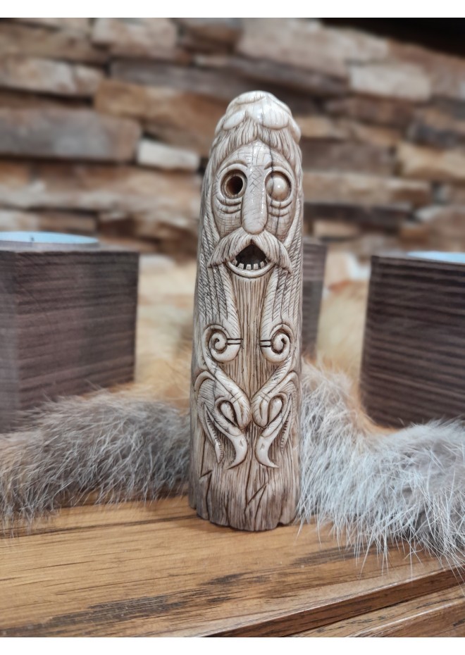 Old Norse God statue. Figurine of Odin with ravens. Óðinn sculpture. Moose antlers hand-carved