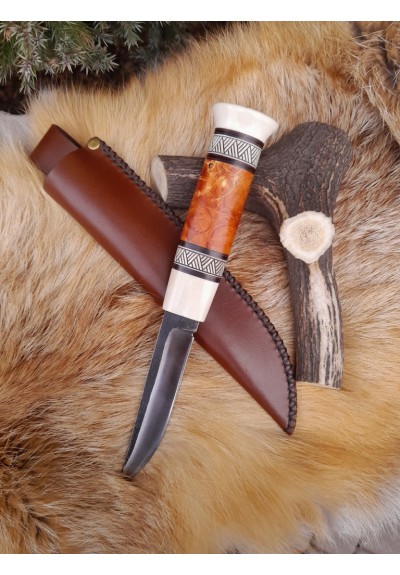 Handmade Finnish traditional knife "Puukko" with master engraving and leather sheath. Hand-forged Carbon steel blade. Antler and wood handle