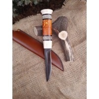 Handmade Finnish traditional knife "Puukko" with master engraving and leather sheath. Hand-forged Carbon steel blade. Antler and wood handle