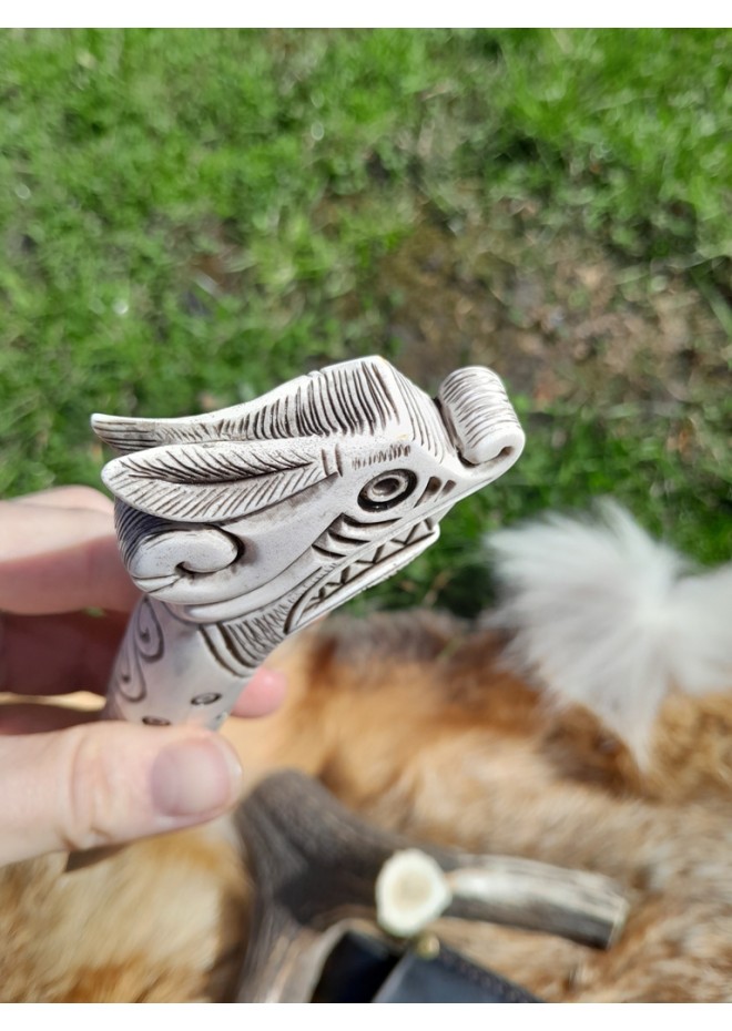 Handmade Vikings knife "Fenrir" with leather sheath. Wolf head knife.