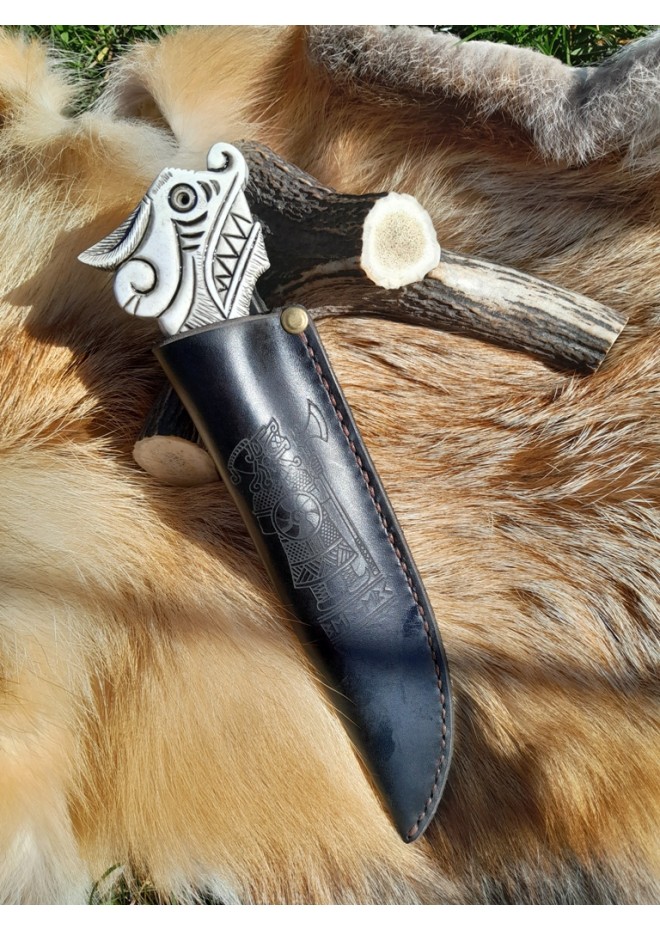 Handmade Vikings knife "Fenrir" with leather sheath. Wolf head knife.