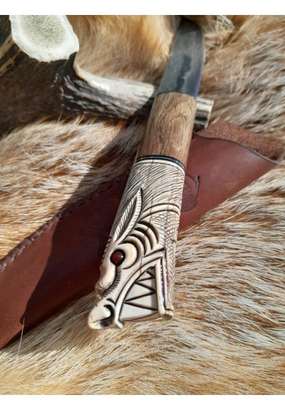 Handmade Vikings rune knife "Wolf" with leather sheath. Antler and wood hand-carved handle. Hand-forged Damascus steel blade
